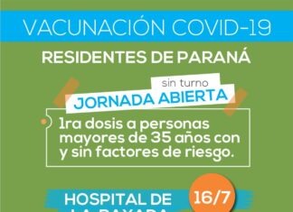 Este viernes vacunan sin turno en Paraná a mayores de 35 años que no recibieron la primera dosis