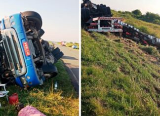 Camión volcó con una importante carga y volcó un camión en ruta 6