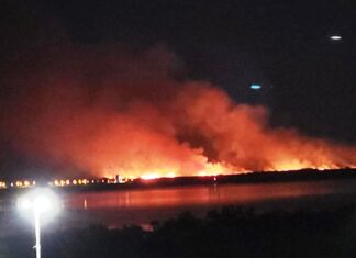 Bomberos combaten un gran incendio en una isla
