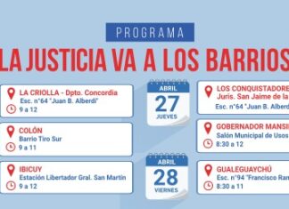 “La Justicia va a los barrios” estará en Concordia, Colón, Ibicuy, San Jaime, Tala y Gualeguaychú