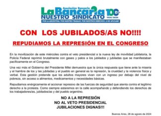 Bancarios repudiaron la represión contra los jubilados en el Congreso