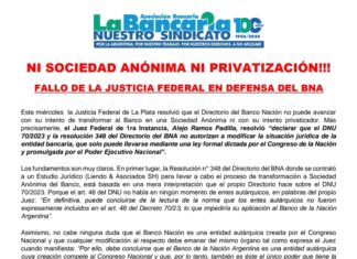 Bancarios: Difundieron el fallo de la Justicia federal en defensa del Nación