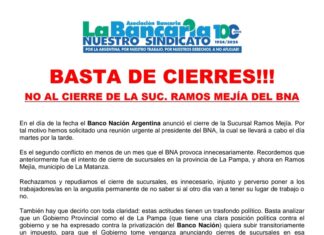 Fuerte oposición de La Bancaria al cierre de Sucursales del Nación