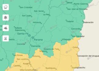 Emiten alerta amarilla por tormentas para siete departamentos de Entre Ríos